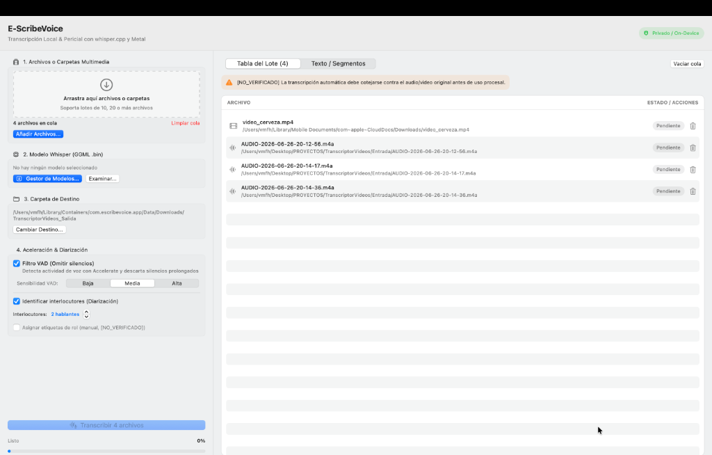 Interfaz de la edición de E-ScribeVoice para macOS